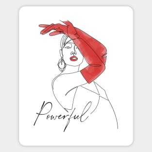 Fashion illustration of a woman with red gloves and the word powerful Magnet